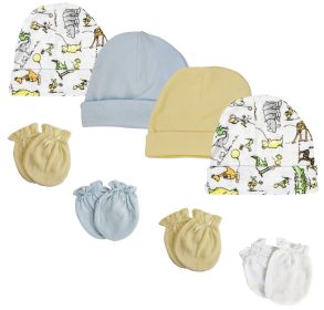 Boys Baby Caps and Mittens (Pack of 8) (Color: White/Blue, size: Newborn)