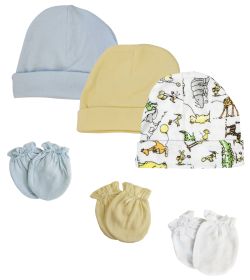 Boys Baby Caps and Mittens (Pack of 6) (Color: White/Blue, size: Newborn)