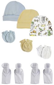 Boys Baby Caps, Booties and Mittens (Pack of 8) (Color: White/Blue, size: Newborn)