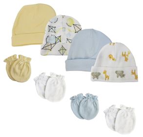 Baby Boys Caps and Mittens (Pack of 8) (Color: White/Blue, size: Newborn)