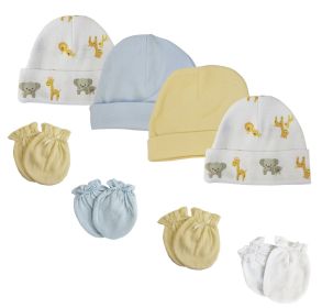 Baby Boys Caps and Mittens (Pack of 8) (Color: White/Blue, size: Newborn)