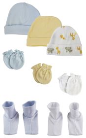 Baby Boys Caps, Booties and Mittens (Pack of 8) (Color: White/Blue, size: Newborn)