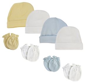 Baby Boys Caps and Mittens (Pack of 8) (Color: White/Blue, size: Newborn)