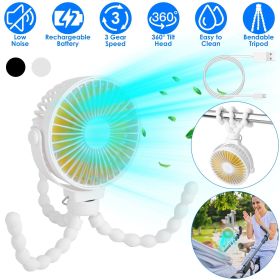 Portable Baby Stroller Fan Rechargeable Handheld Fan with Flexible Tripod Clip On Desktop Hanging Fan 3 Gear Speed with Tilt Head (Color: White)