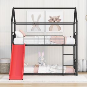 Twin Over Twin Metal Bunk Bed With Slide; Kids House Bed (Color: Black+Red)