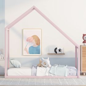 Twin Size Metal House Bed Kids Bed (Color: Pink)