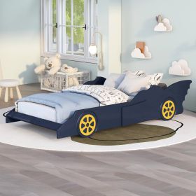 Twin Size Race Car-Shaped Platform Bed with Wheels (Color: Blue)