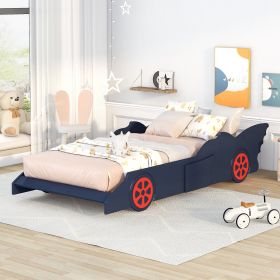 Twin Size Race Car-Shaped Platform Bed with Wheels (Color: Red)